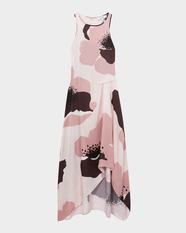 Michalie Draped High-Low Satin Midi Dress